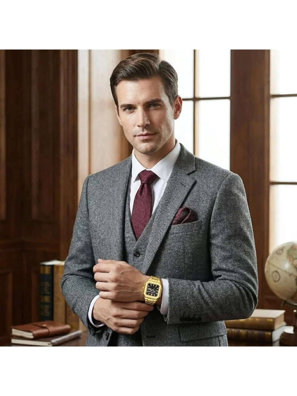 Men's Gold Black Square Analog Quartz Stainless Steel  Waterproof Wrist Watch